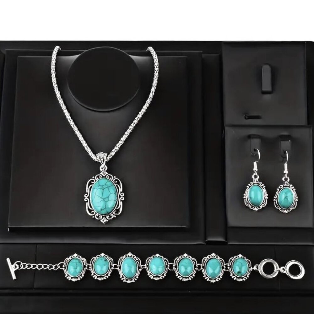 Turquoise Necklace Earrings Bracelet 4pc Boho Native Stylish Glam Lucky Trendy - Picture 6 of 6